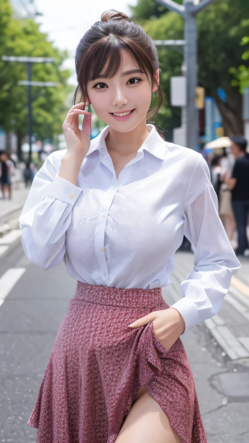 (((32k image quality))), (((RAW Photos))), (Highest quality, detailed:1.2), Photorealistic, (Very delicate and detailed), (((((Ultra-high resolution))))), (((Big Breasts))), (((Age 25, Sexy Gal, Taiwanese woman))), (((Tight waist))), one person, elegant, Beautiful woman, Outstanding image quality, Highly detailed face, Perfect lighting, White skin, A relaxed and fluffy atmosphere, ((smile)), ponytail, Young and skinny gravure idol, ((Patterned shirt)), ((A-line skirt)), ((Professional Model Pose)), ((Street Snap:1.5)),
