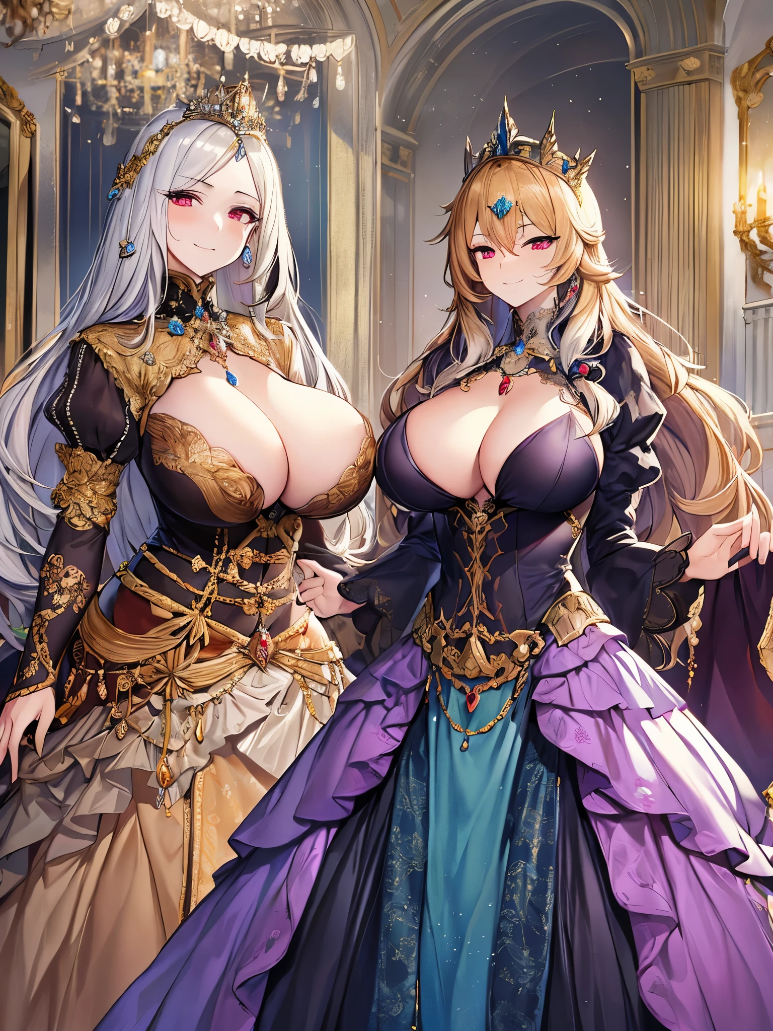 anime artstyle,((((An old queen and a teenage princess with different hair colors)))),(confrontation),couple focus,luxurious, aristocrat, noble, arrogant,((absurdly long Straight hair,Red Eyes)),(((beautiful embroidery and jeweled gorgeous rococo ballgown with voluminous full length crinoline hoop skirt))),(((absurdly gigantic tits,curvy))),deep cleavage,Skindentation,((detailed face and eyes)),extremely gorgeous hair ornament,((extremely gorgeous big tiara)),luxurious jewelry,((beautiful embroidery and jeweled gorgeous rococo ballgown with voluminous full length crinoline hoop skirt)),(((absurdly gigantic tits))),gorgeous palace,((standing pose,Contrasting poses)),((((Arrogant smile)))),(An old queen and a teenage princess with different hair colors)),((confrontation))