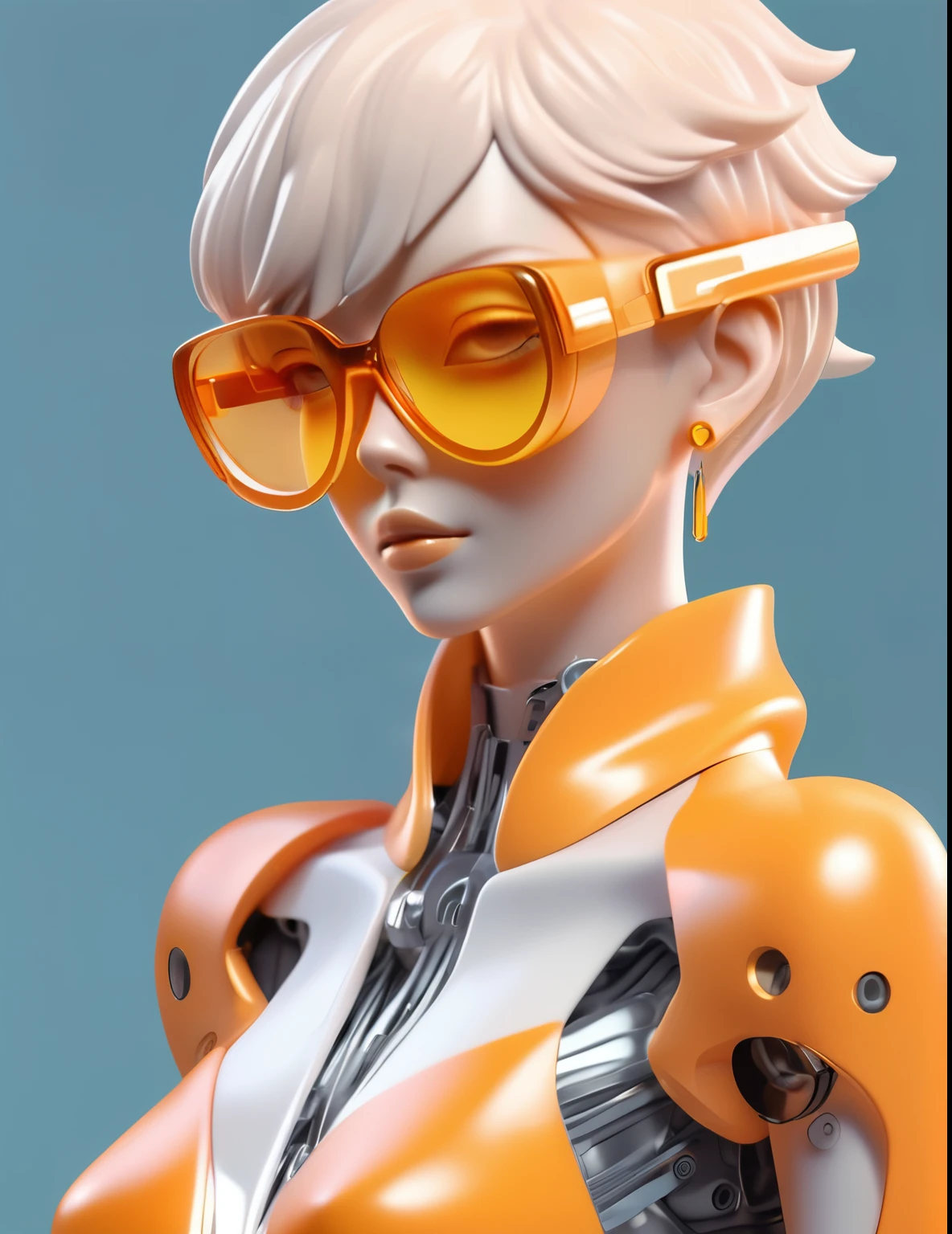 3D illustration of the upper body and face of an artificial intelligence model wearing futuristic glasses, Stylish sunglasses，Gradient Background, Pastel Color Palette, orange yellow, Simplicity, Cold metal texture, Surrealism, Earrings, Perm