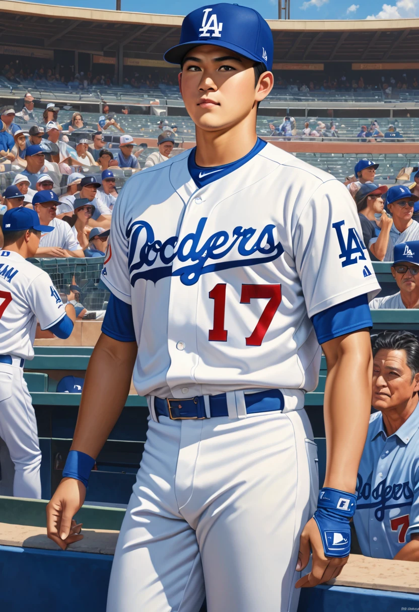 photorealistic,superrealistic,(masterpiece, best quality:1.1), (ultra highres, ultra-detailed:1.2),Shohei Ohtani,Los Angeles Dodgers,Uniform-number 17,