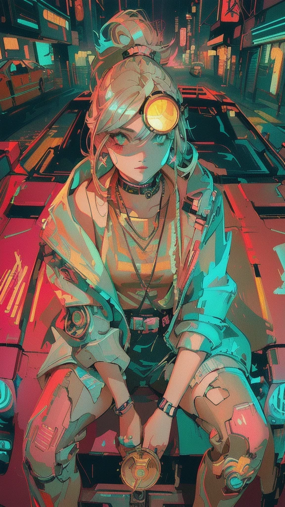 a close up of a beautiful girl sitting on a car with a coin, in style of, cyberpunk art style, art deco outrun anime aesthestic, digital art style, cyberpunk vibes, lofi artstyle, anime style 4 k, style digital painting, inspired by Liam Wong, stunning art style, badass anime 8 k, cyberpunk vibe, 4k detailed digital art