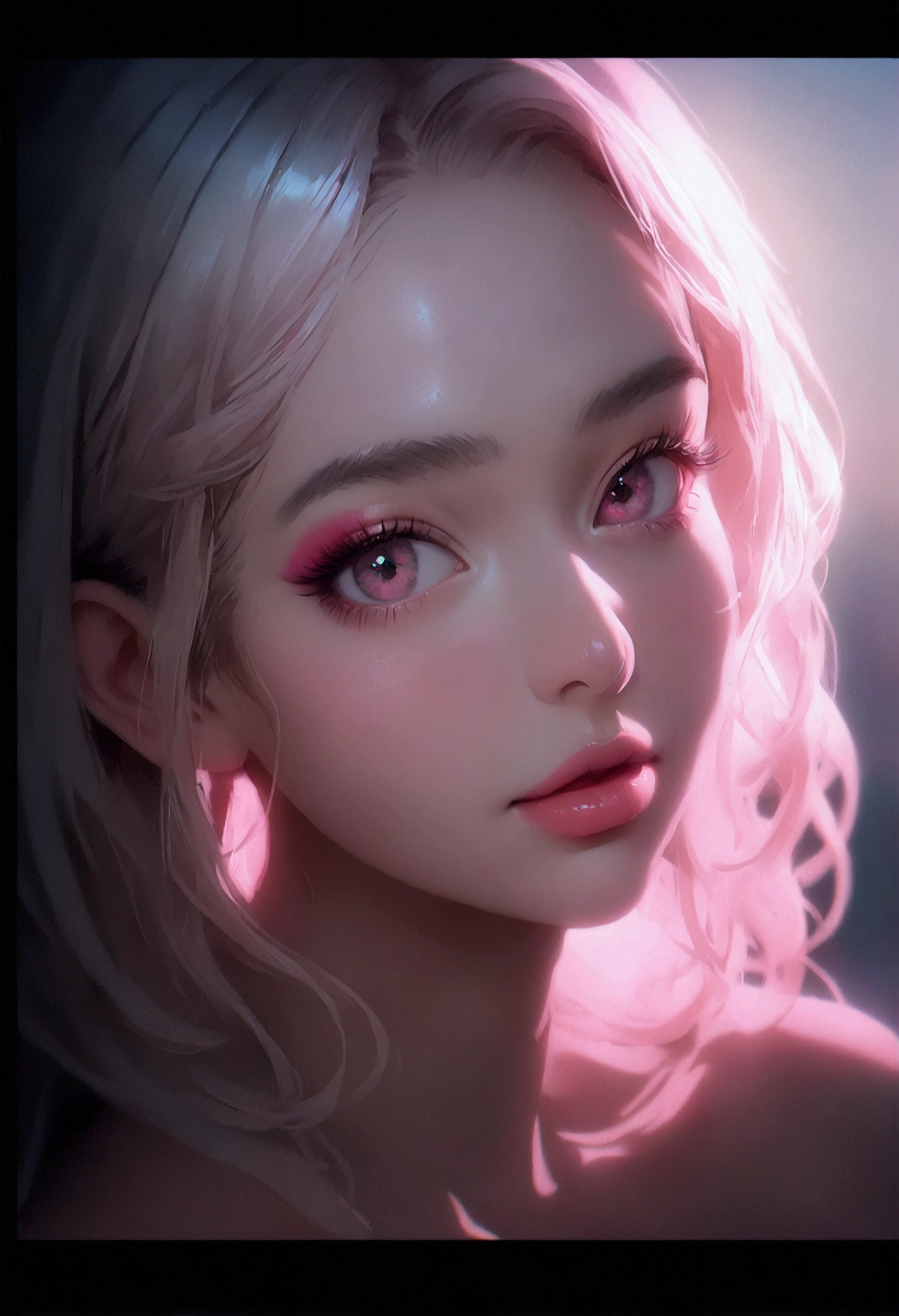 (8k, RAW Photos, Realistic:1.25) ,( Lip gloss, eyelash, Glossy surface, Glowing Skin, Highest quality, Ultra-high resolution, Written boundary depth, chromatic aberration, Caustics, Wide Lighting, Natural Shading,K-POPアイドル) She stares silently at the viewer, Happiness like a goddess.Neon lights for makeup girls
