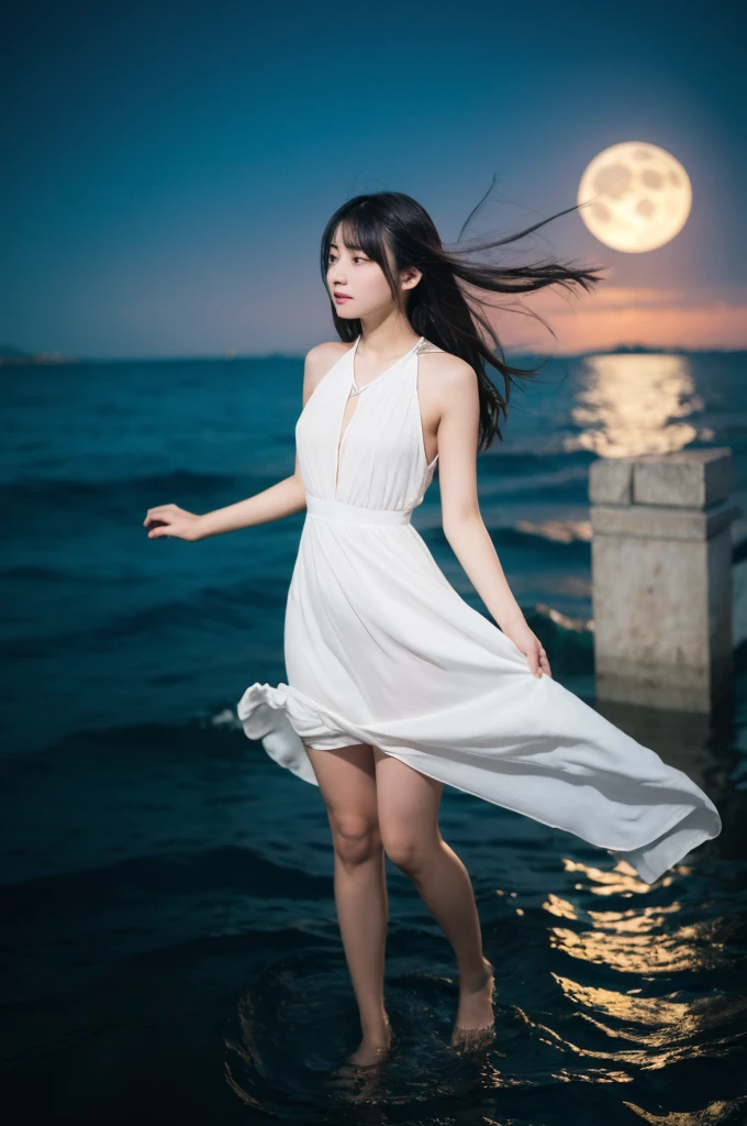 1 girl, (Wear a clean white summer dress:1.3), Very beautiful Japanese idol portraits, 
(RAW Photos, highest quality), (Realistic, Realistic:1.4), (masterpiece), 
Very delicate and beautiful, Very detailed, 2k wallpaper, wonderful, finely, Very detailed CG Unity 8k 壁紙, Very detailed, High resolution, Soft Light, 
Beautiful detailed girl, Very detailed目と顔, Beautiful and sophisticated nose, Finely beautiful eyes, 
(Silhouette Girl),  (Dark sea at night:1.4), (Dark screen), (full moon), (The magical moonlight illuminating the sea),
(Semi-long hair), (Full body silhouette of a girl:1.5), (Hair blowing in the wind), (The fabric of a white summer dress fluttering in the wind can be seen through the moonlight shining on the sea.:1.3), 
Complete Anatomy, Slender body, Small breasts