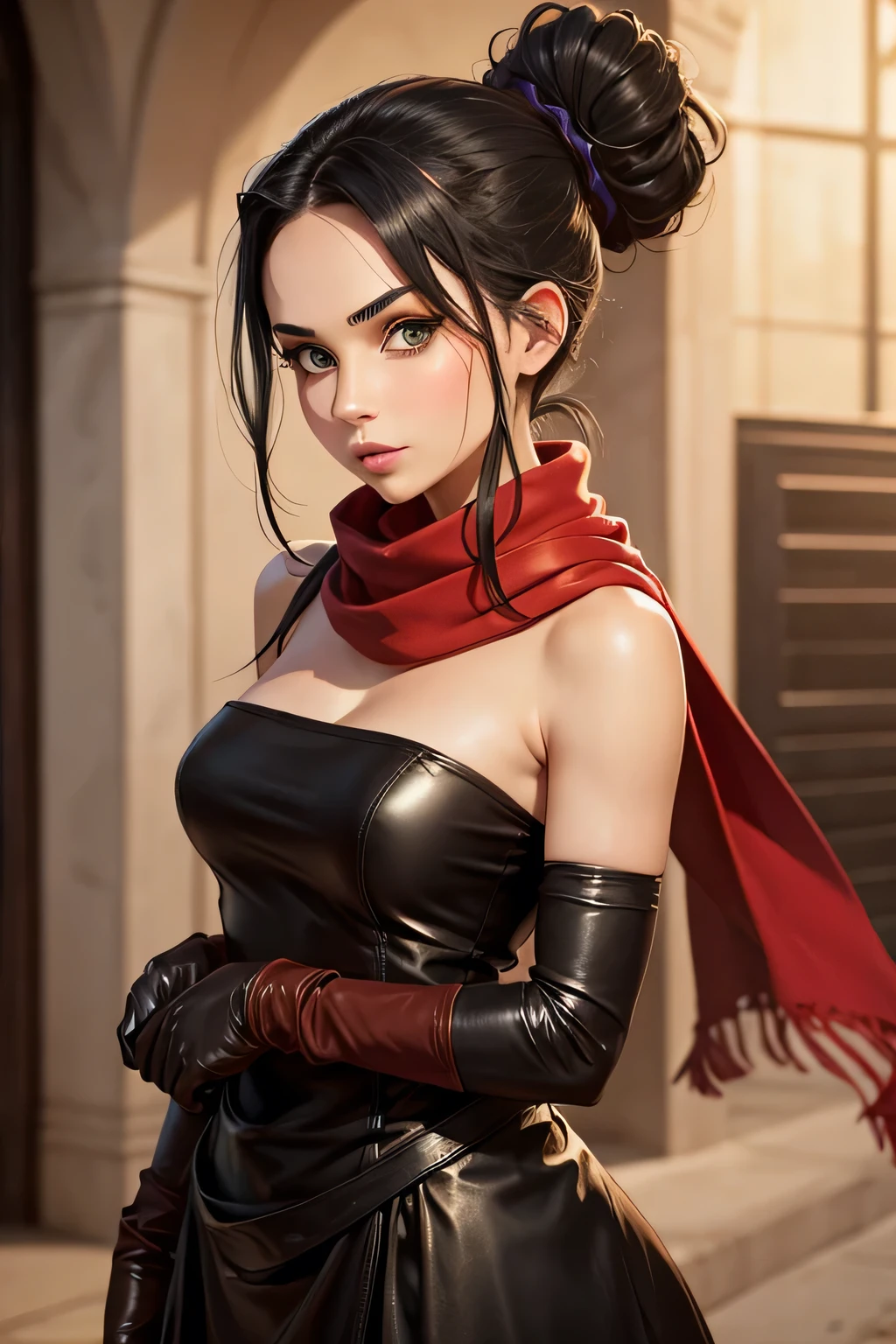 female with green eyes, black hair tied to a bun, strapless midi dress, red scarf around her neck, flowy arm sleeves, silk leather gloves