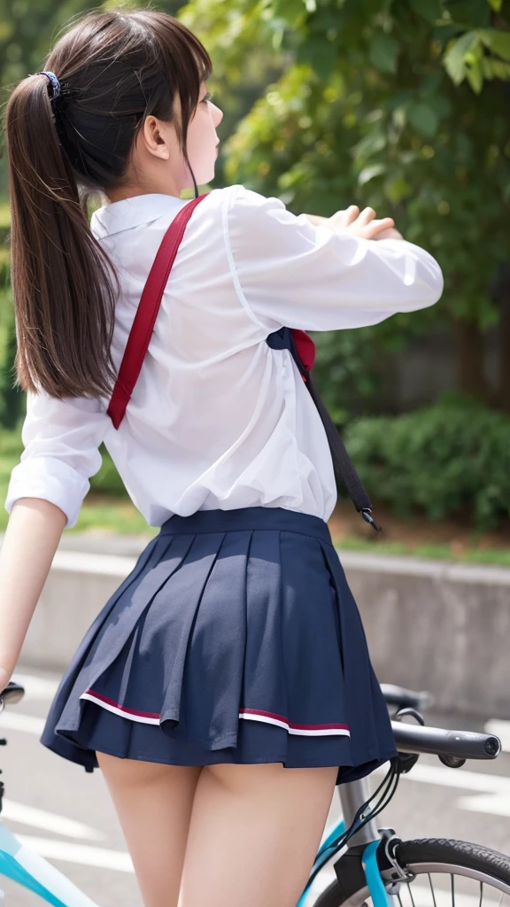 high school girl、uniform、mini skirt、See-through、Fluttering in the wind、cycling
