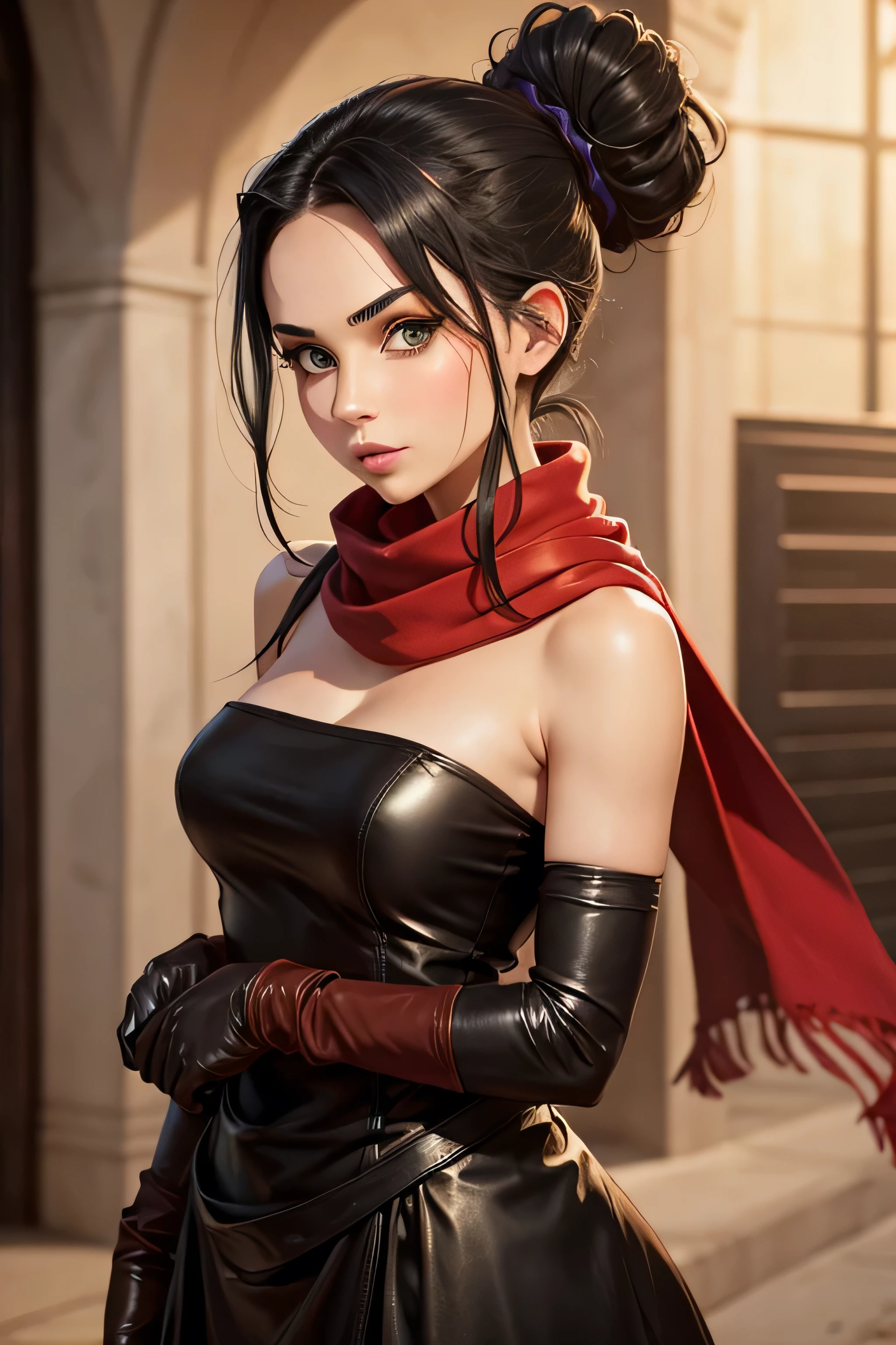 female with green eyes, black hair tied to a bun, strapless midi dress, red scarf around her neck, flowy arm sleeves, silk leather gloves