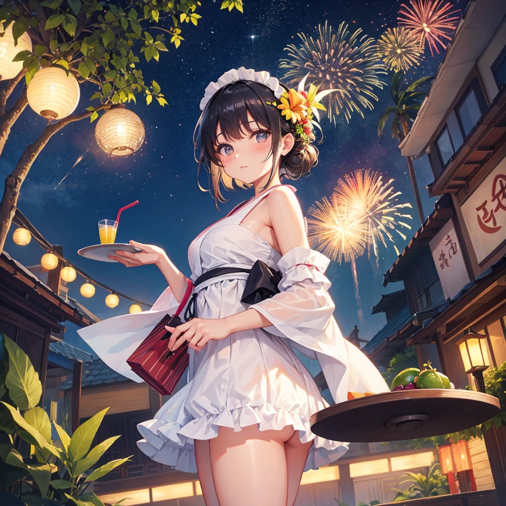 　Maid Girl（Maid clothes（yukata　Swimwear）Holding a tray（Topped with tropical juice）　）　Main Street　Fireworks in the background　Night Sky　