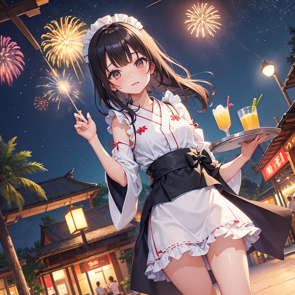 Maid Girl(Maid clothes(yukata Swimwear)Holding a tray(Topped with tropical juice) ) Main Street Fireworks in the background Night Sky
