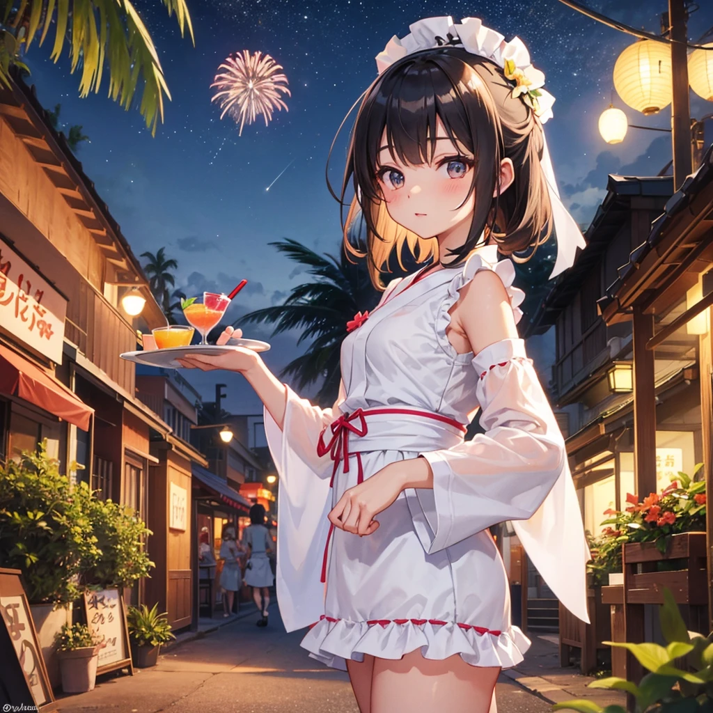 　Maid Girl（Maid clothes（yukata　Swimwear）Holding a tray（Topped with tropical juice）　）　Main Street　Fireworks in the background　Night Sky　