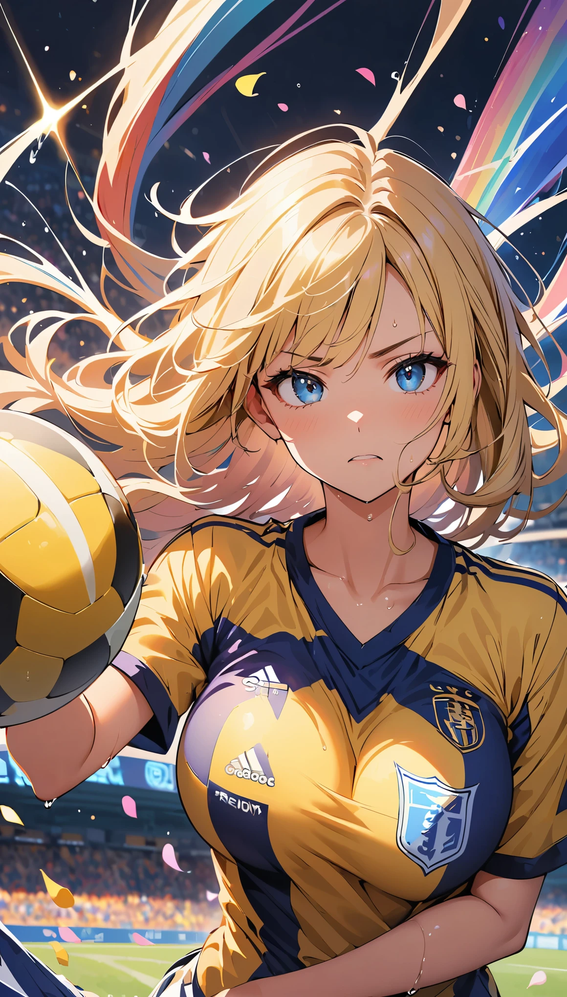 Highest quality, Great quality, 16K, Unbelievably absurd, Very detailed, delicate and dynamic, Natural light, The particles reflect light, Diffuse reflection of light, Many rainbow-colored petals fall, Beautiful football field, Sparkling Sun, Diffuse reflection of light, Create amazing image effects, , Wet, sweating, she is playing football, Close-up(Cute sexy girl, big bouncing busts, Sensual expression, Cool girl, Serious, passion, Dynamic, Flashy football wear, ,audience , much-air-laden cheer)