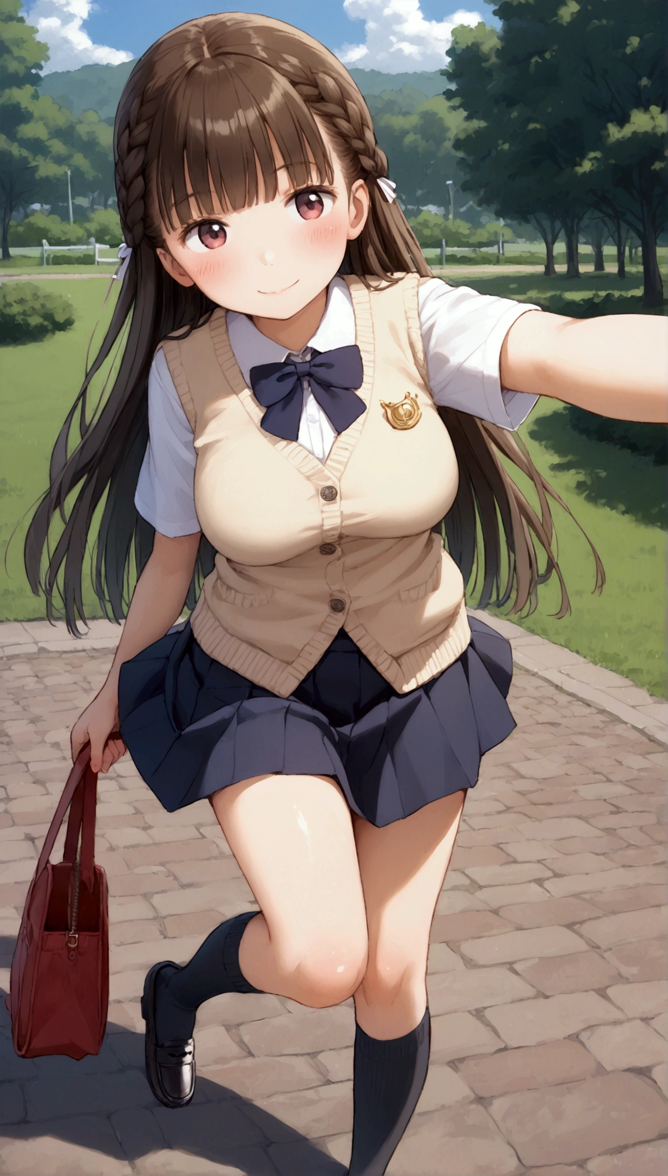 {Highest quality}, {Super beautiful},{Ultra fine},{Best illustration},Brown Hair,Hime cut,long hair,Braid,One woman,Standing Woman,Big Breasts,Strike a pose,smile,smilingly,cardigan,White Shirt,Short sleeve,Navy Skirt,Black knee-high socks,Black Loafers,at the park,Blushing,Slender,barefoot,Stand with your legs together,From an angle,Raise one leg
