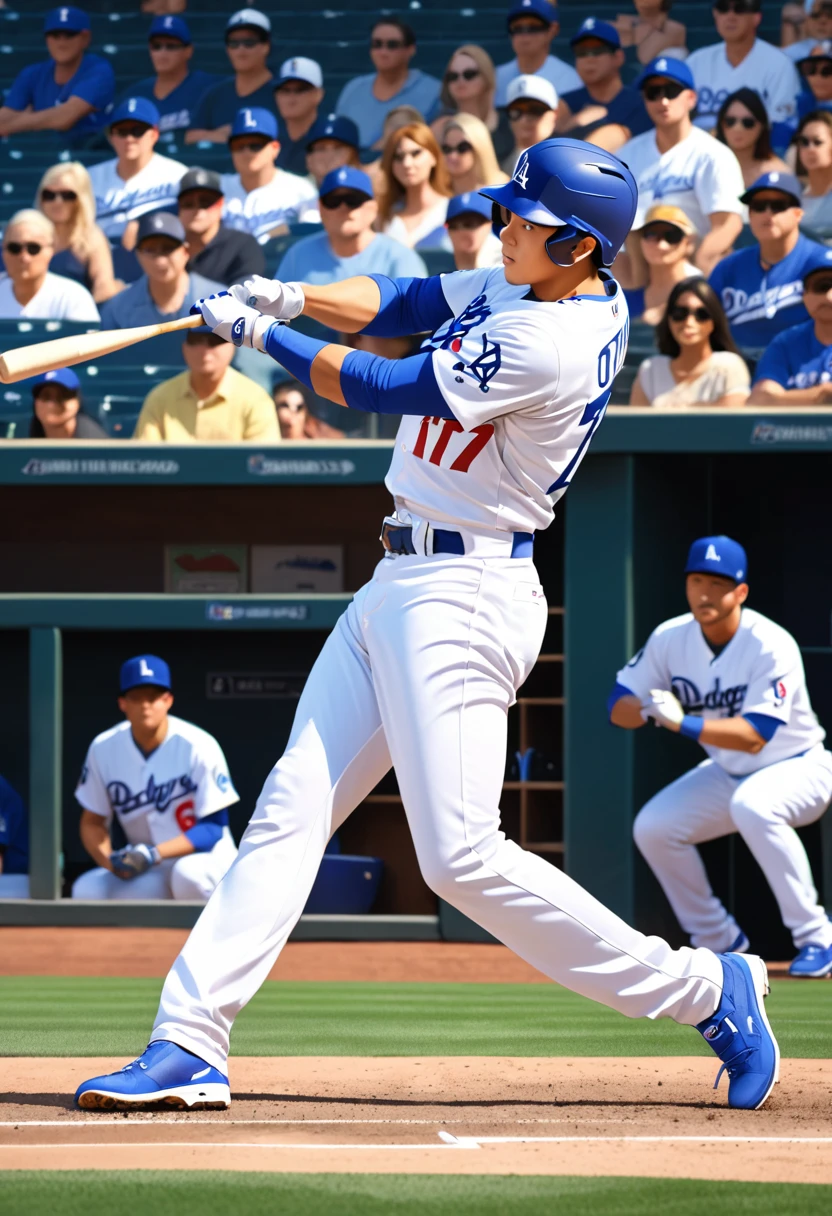 photorealistic,superrealistic,(masterpiece, best quality:1.1), (ultra highres, ultra-detailed:1.2),Shohei Otani hits a home run,Los Angeles Dodgers,Uniform-number 17,