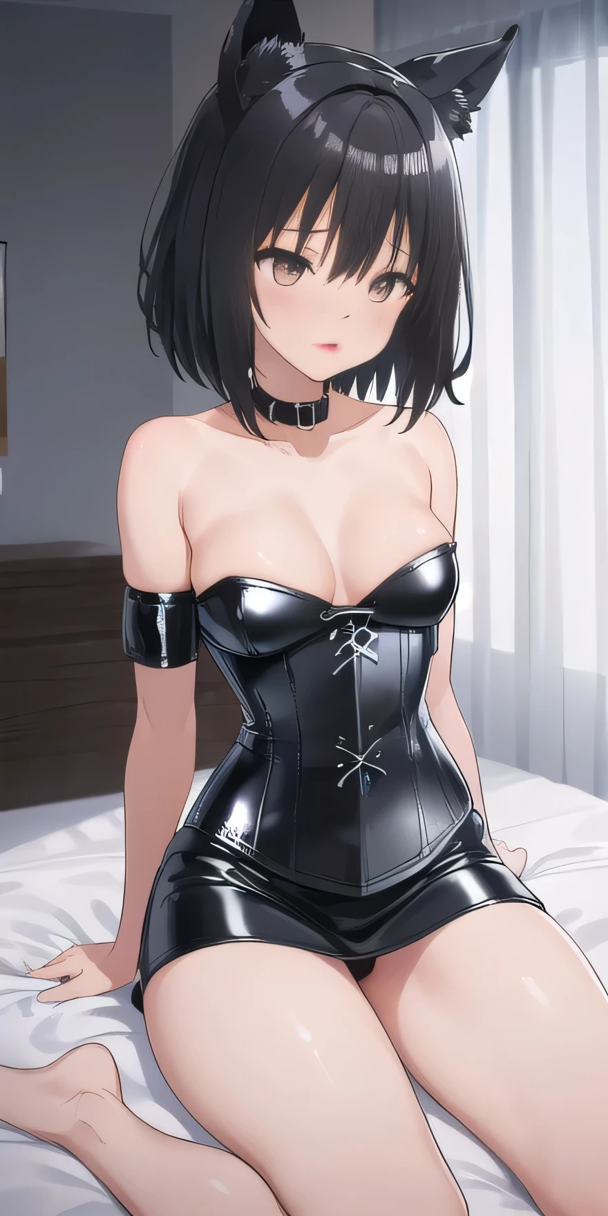 ((最high quality, High resolution, unity 8k wallpaper)), (figure:0.8), (Beautiful eyes:1.6), Highly detailed CG, Night Time, One girl, Black Hair, Large Breasts, hotel, Clear skin, (Hollow Eyes),(masterpiece), wallpaper,high resolution,(窓から夜景が見えるhotel),Intricate details, beautiful, sexly, erotic, Obscene, Noise Reduction,sensuous,Seductive pose,Cute anime face,Dog collar,high quality,Anime Style,sexuell,Shiny Hair,Expressionless,(ラブhotel:1.3,Love bed,Sit on the bed),Cleavage,Emotionless face like a mannequin,Slightly open the mouth,Medium Hair,Hands tied behind your back her back, ((Underbust)), Lying down, Wide-open legs, Elevate your legs, Kneel, Front view blowjob, Sitting on knees, Spread your thighs, Hands tied behind your back, sexlyポーズ, Kneel, eye contact with the man above her, man standing over her, (Look up at the man:1.6)、(((Black latex corset dress:1.4)))、(((Beautiful lace corset dress.)))、(((corset dress with shoulder straps)))、(((Black latex tight mini skirt:1.4))),Cat ear accessories,Show cleavage