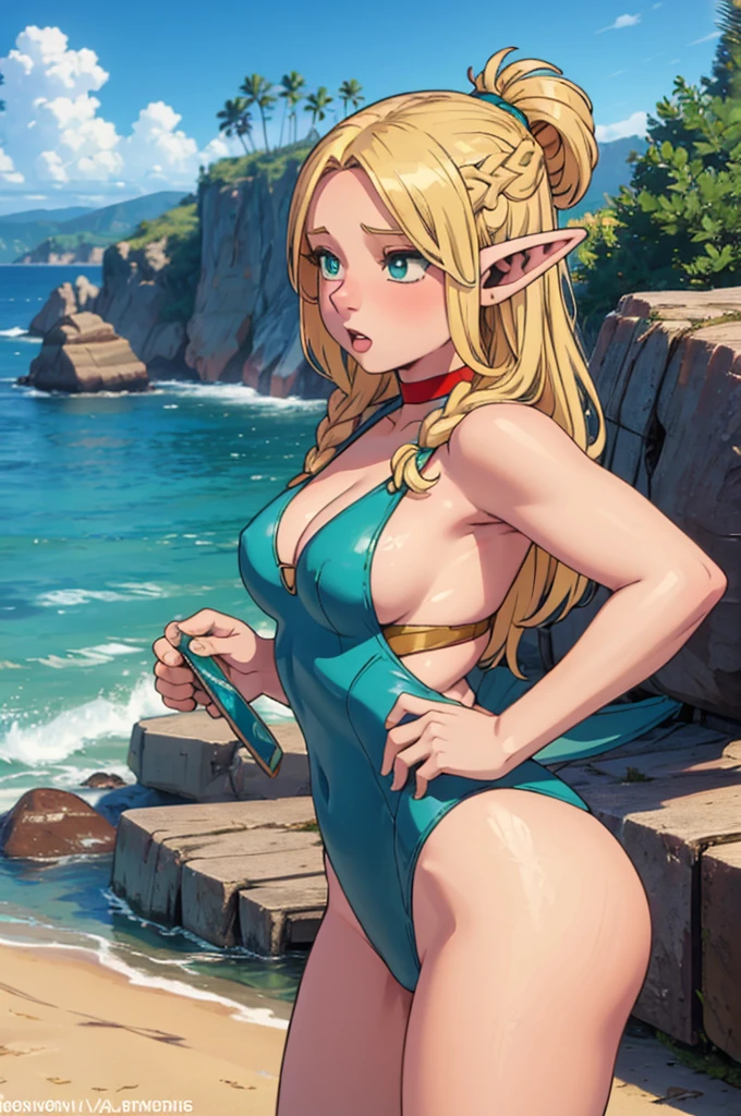 Marcille Donato, cute and sexy elf girl with blond hair, beach, sea, girl in a swimsuit, turquoise swimsuit, red choker