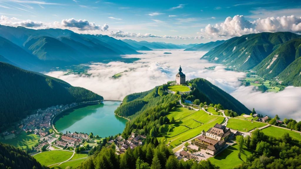 Natural beauty, Ancient Austrian village.  The Stream. cloud, Temple.  Mountain. Lake, View from the air, mystical beauty, 8k