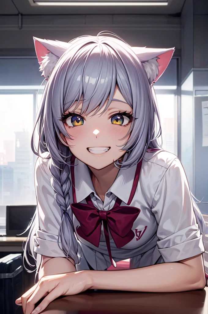 Colorful hair and colorful dresses in anime ((Cat ears only girl)), school uniform pastel vivid, rossdraws manga vivid, アニメスタイル 4K, Beautiful anime portrait, Anime style digital art, 4K, Highly detailed artwork, , whole body, Sitting in the office, Gray Hair, Front view, Grin,