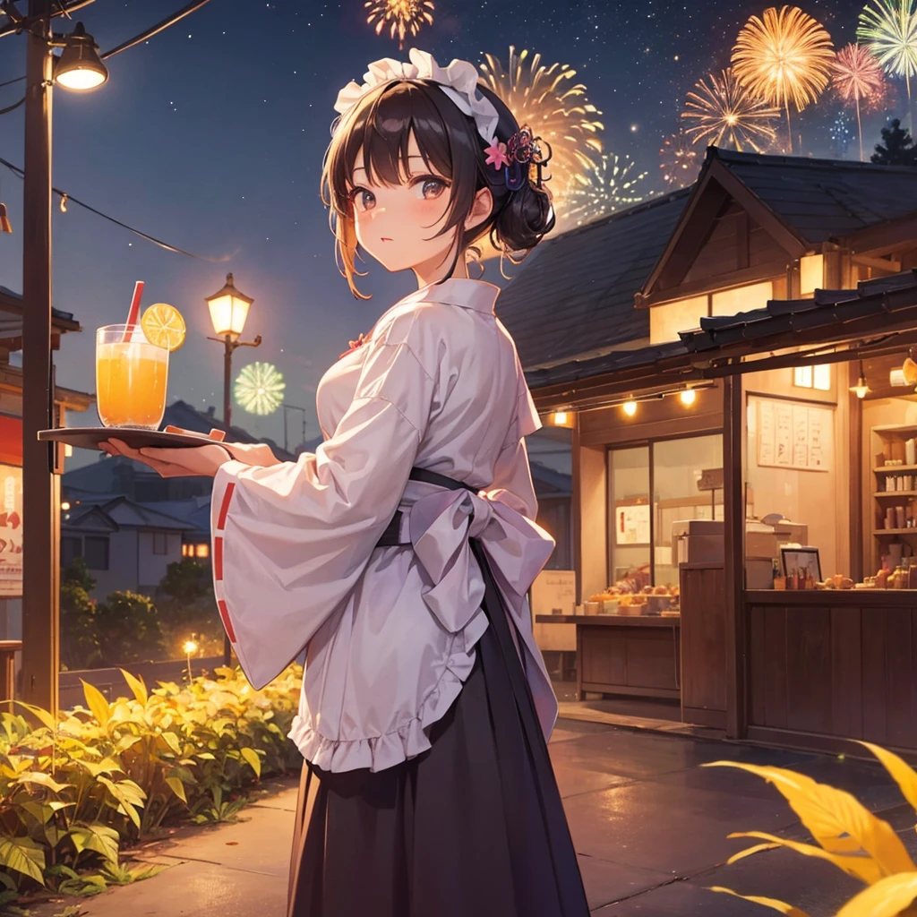 Maid Girl(Maid clothes(yukata)Holding a tray(Topped with tropical juice) ) Main Street Fireworks in the background Night Sky