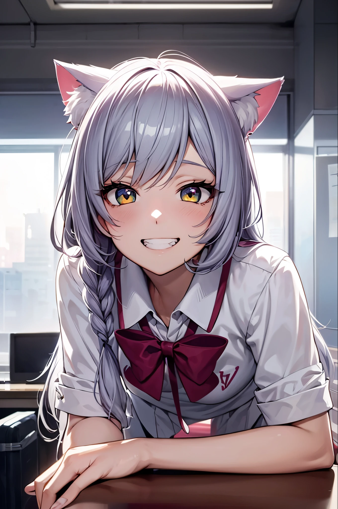 Colorful hair and colorful dresses in anime ((Cat ears only girl)), school uniform pastel vivid, rossdraws manga vivid, アニメスタイル 4K, Beautiful anime portrait, Anime style digital art, 4K, Highly detailed artwork, , whole body, Sitting in the office, Gray Hair, Front view, Grin,