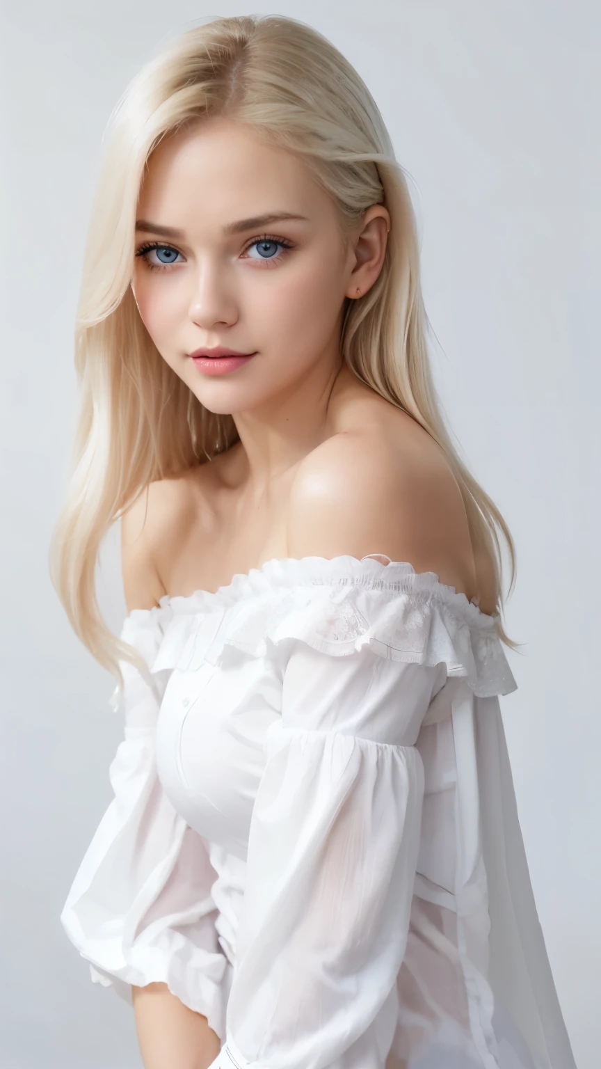 (((blouse、off the shoulder、one piece、white background)))、forehead、Northern Europe、russia、Beautiful girl、platinum blonde hair、straight long hair、When hitting the face and front of the eyes、big blue eyes、Transparent white and wet pajamas、Northern Europeの若者、perfect body、white tendon、glowing skin、Young, beautiful skin、perfect and beautiful little face、bright makeup、pale pink lips、bright expression、16 year old girl、lipstick、deceptive advertising、viewer&#39;Vision、golden hour lighting、Bokeh Mood Perspective、detailed、movie light、複雑なdetailed、high resolution、 フェイスデザインのdetailedな特徴、attention to detail、clear focus、Soft、aesthetics、printed、octane、{{masterpiece}}