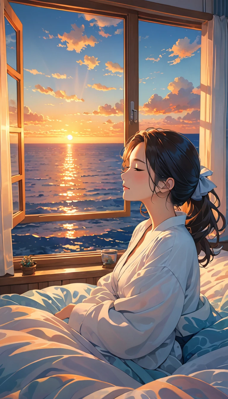 deep sea,Home、window、bed、woman、Sleep、Sunset、evening