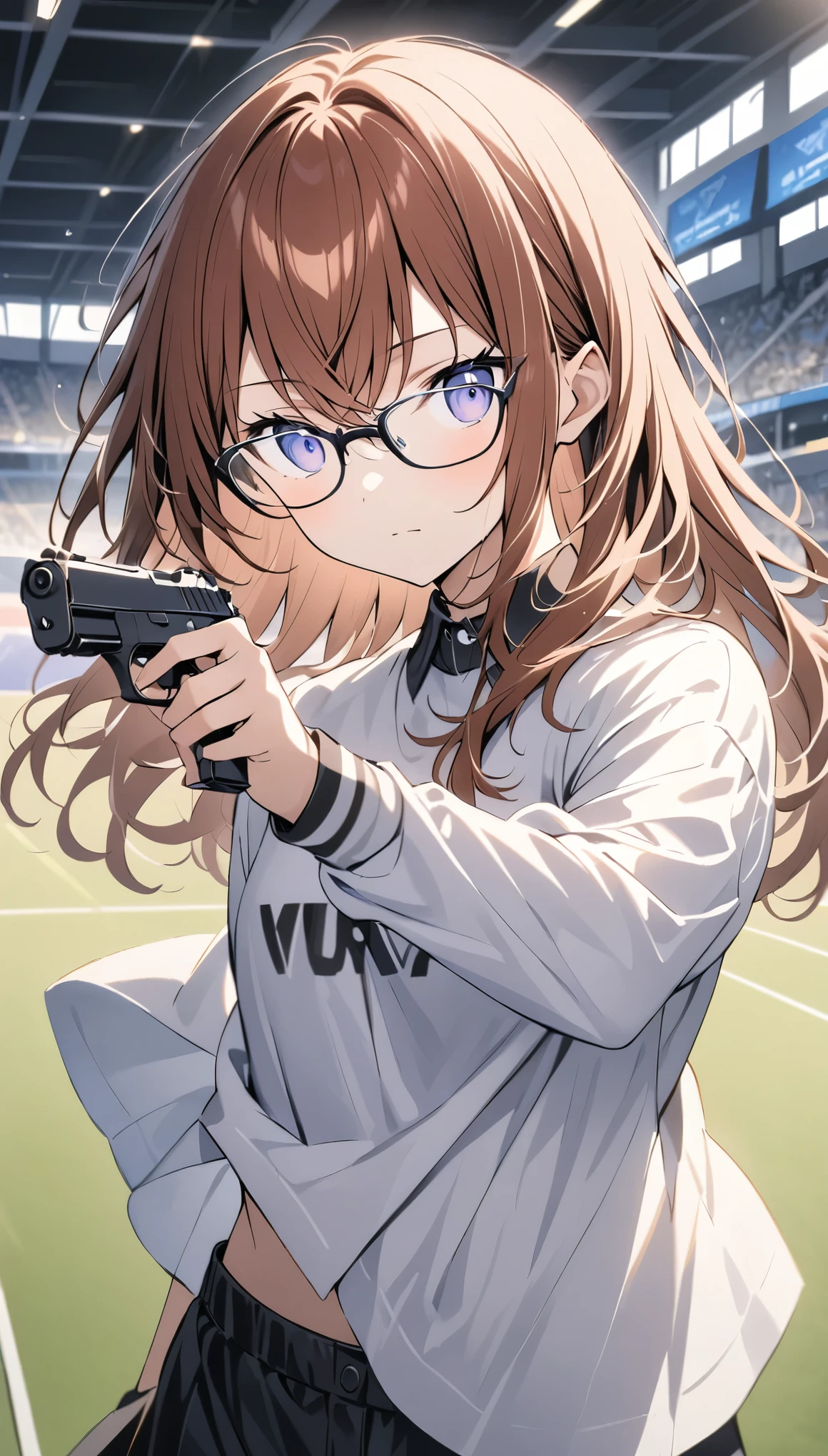 1人の女の子, Makise Kurisu, シュタイン;ゲート,A young girl stands confidently in an indoor shooting range. She wears a white t-shirt with the word 'TURKIYE' on it and sports stylish glasses. She is holding a small pistol, aimed straight ahead with one hand. The scene captures a moment of focus and precision, highlighting the girl's serious expression and athletic stance. The background shows a blurred view of a sports event venue with faintly visible spectators.