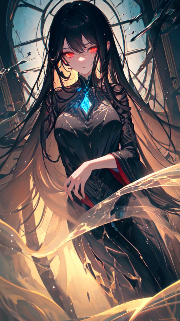 (masterpiece, Highest quality, Very detailed, Best Shadow), (Detailed Background,Dark fantasy), (Beautifully detailed face), High Contrast, (Best lighting, Very delicate and beautiful), ((Cinematic Light)), colorful, Hyper Detail, Dramatic Light, Intricate details, (1 girl, alone,Black Hair, Sharp Face,Long Hair,Red eyes, Hair between the eyes,Dynamic Angle), Blood splatter, Black light swirling around the character, Depth of written boundary,black light particles,(Broken glass),water,Long Black Hair、Immerse yourself in water up to your neck,The body is invisible through the water,clock,profile,View from below,Looking down,Blue light