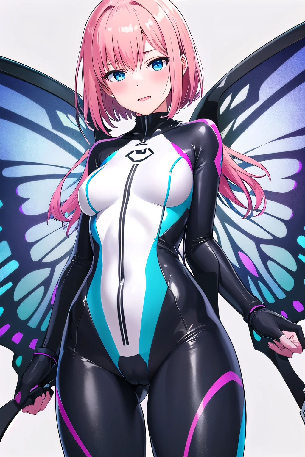 girl,boyish,bob hair, pink Hair, medium Breasts,Black glossy tight suit,Cowboy Shot,blush,sexy face,blue eyes,front leg pose,Tight fit,clearly,Striped pattern, white background, bodysuit with beautiful butterfly pattern, Angel Wings