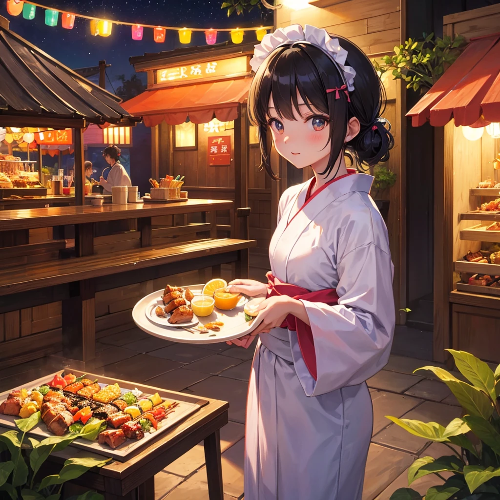 Maid Girl(Maid clothes(yukata)Holding a tray(Topped with tropical juice) ) Main Street(barbecue) Fireworks in the background Night Sky
