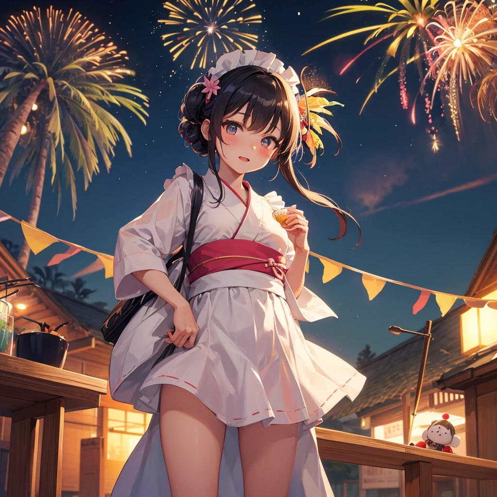 　Maid Girl（Maid clothes（yukata）Holding a tray（Topped with tropical juice）　）　Main Street（barbecue）　Fireworks in the background　Night Sky　