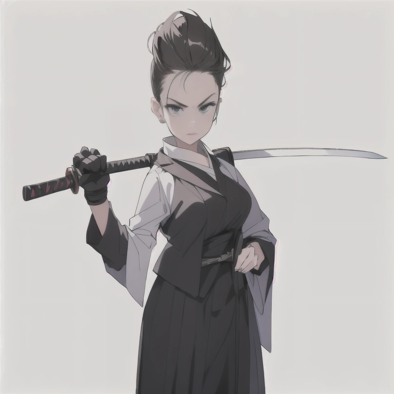 a girl in a suit holding a sword and a sword in her hand, holding katana, holding a katana, dramatic wielding katana pose, wielding a katana, menacing!!!, epic portrait of menacing, swordswoman , holding a black katana