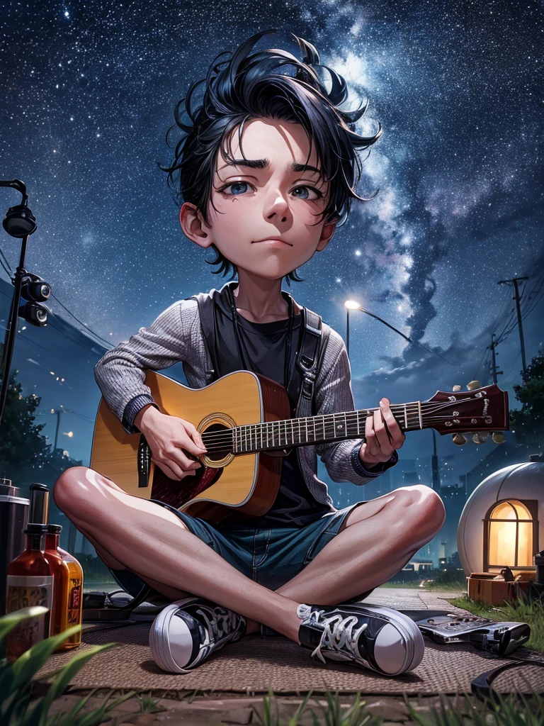 A caricature of a man sits on the ground while playing guitar at night