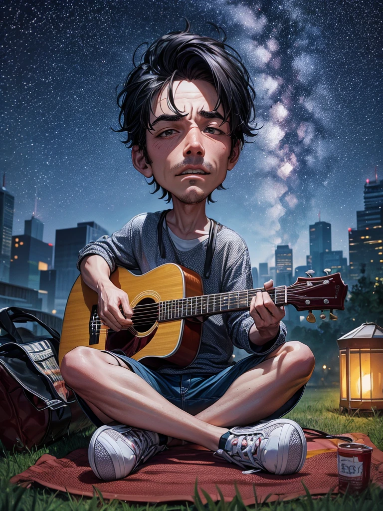 A caricature of a man sits on the ground while playing guitar at night