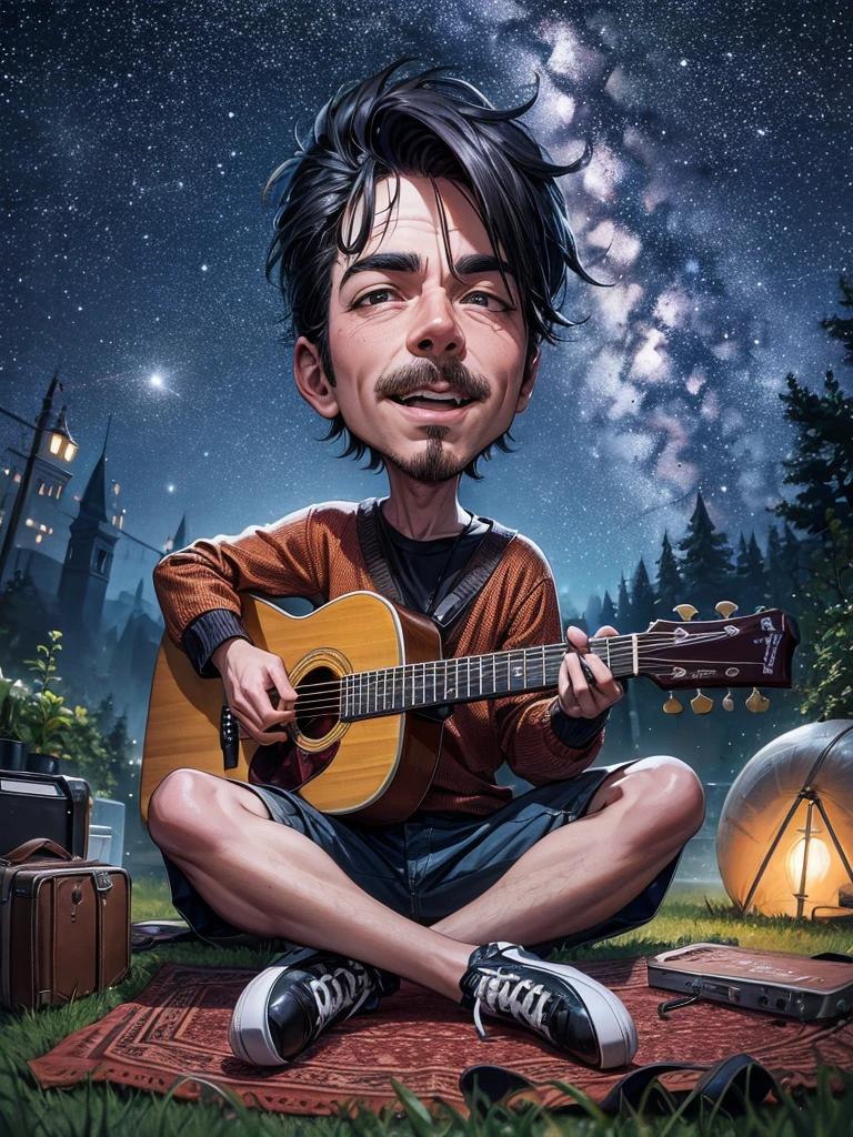 A caricature of a man sits on the ground while playing guitar at night