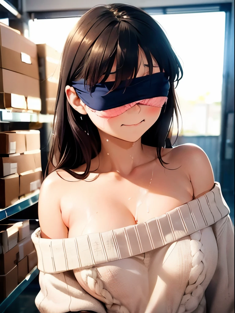 nsfw:1.2,Highest quality、In 8K、masterpiece、Hmph、Ultra-high resolution、RAW Photos、(Realistic:1.3)、Natural soft light、(Written boundary depth)、thin、(whole body:1.2)、From behind、Detailed face and eyes、Realistic、Sharp pupils、Inside the warehouse、Young Face、High school girls、Beautiful 17 year old girl、Glowing Skin、(long hair:1.2)、Beautiful black hair、Red Eye、(blush:0.7)、((Embarrassed face:1.2,blush:1.8))、Sweat、(Off-the-shoulder sweater:1.5)、(Thighs Thighs Thighs Thighs:0.8)、(Huge breasts、Erect nipples)、(Small Nose、Small Nose)、Attractive waist、(Overflowing sexual fluid:1.5)、((Being blindfolded:1.4))、Saliva:1.1、camel toe:1.2