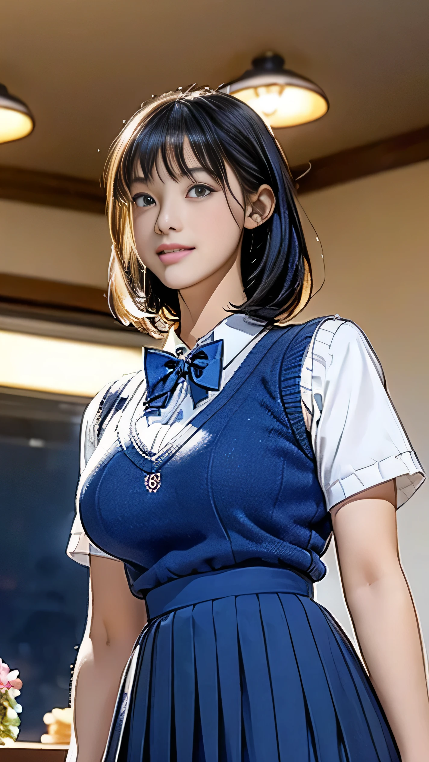 (masterpiece:1.2, best quality), (Practical, photoPractical:1.4), (Large Breasts:1.5), Fine quality illustrations, (Natural side light, Cinema Lighting), Written border depth, Looking at the audience, (Face Focus, Upper Body), Front view, 1 girl, Japanese, High school girl, , Perfect face, Symmetrical cute face, Radiant Skin, (Bob Hairstyle:1.7,Black Hair), Asymmetrical bangs, big eyes, Drooping eyes, Long eyelashes chest), Thin, Beautiful hair, Pretty Face, Pretty and beautiful eyes, Beautiful clavicle, Beautiful Body, Beautiful breasts, Beautiful thighs, Beautiful legs, Beautiful fingers, ((High-quality fabric texture, Brown knitted vest, Short sleeve white collar shirt, Navy blue pleated skirt, Navy bow tie)), (beautiful scenery), night, (Flower shop interior), Standing, (Smile, Predominant, open mouth), (From below:1.5),(Low visibility:1.5), (From below)