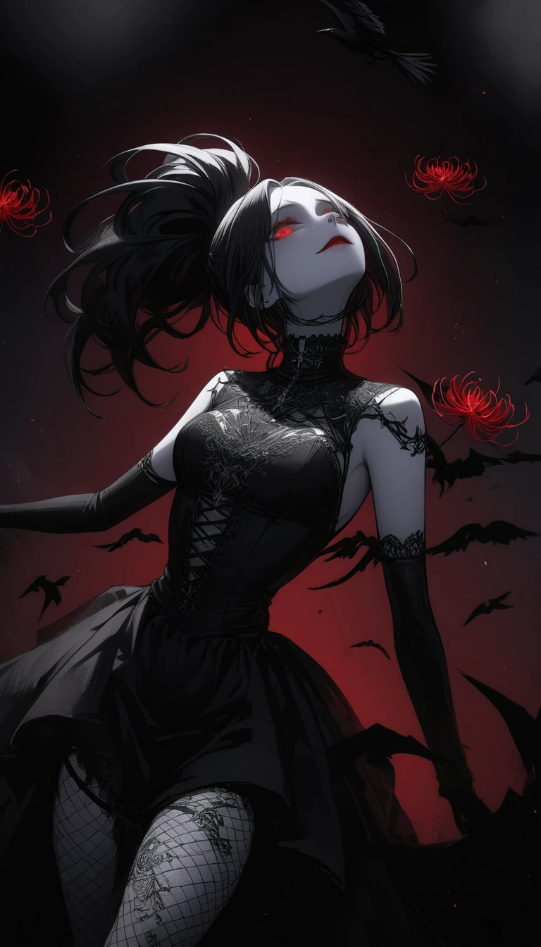 (Dark and scary atmosphere,Gothic Fashion,Dark colors),(Highest quality,Super exquisite item),Very sexy vampire girl,A large number of red spider lilies in full bloom on a red full moon night,Beautiful and delicate eyes,Beautiful monochrome straight ponytail,Crow's feathers,Red lipstick,A mysterious and seductive smile,Pale skin,Fishnet tights,Monochrome lace dress,Captivating pose,The moonlight illuminates her silhouette,shadows and highlights,Create a calm and lively atmosphere,Lighting effects to make her look beautiful,A fantastic background created by darkness and moonlight,She looks tall and grown up,A crow is flying,Crow's feathersが舞う,Standing on the ceiling,Upside down,no gravity