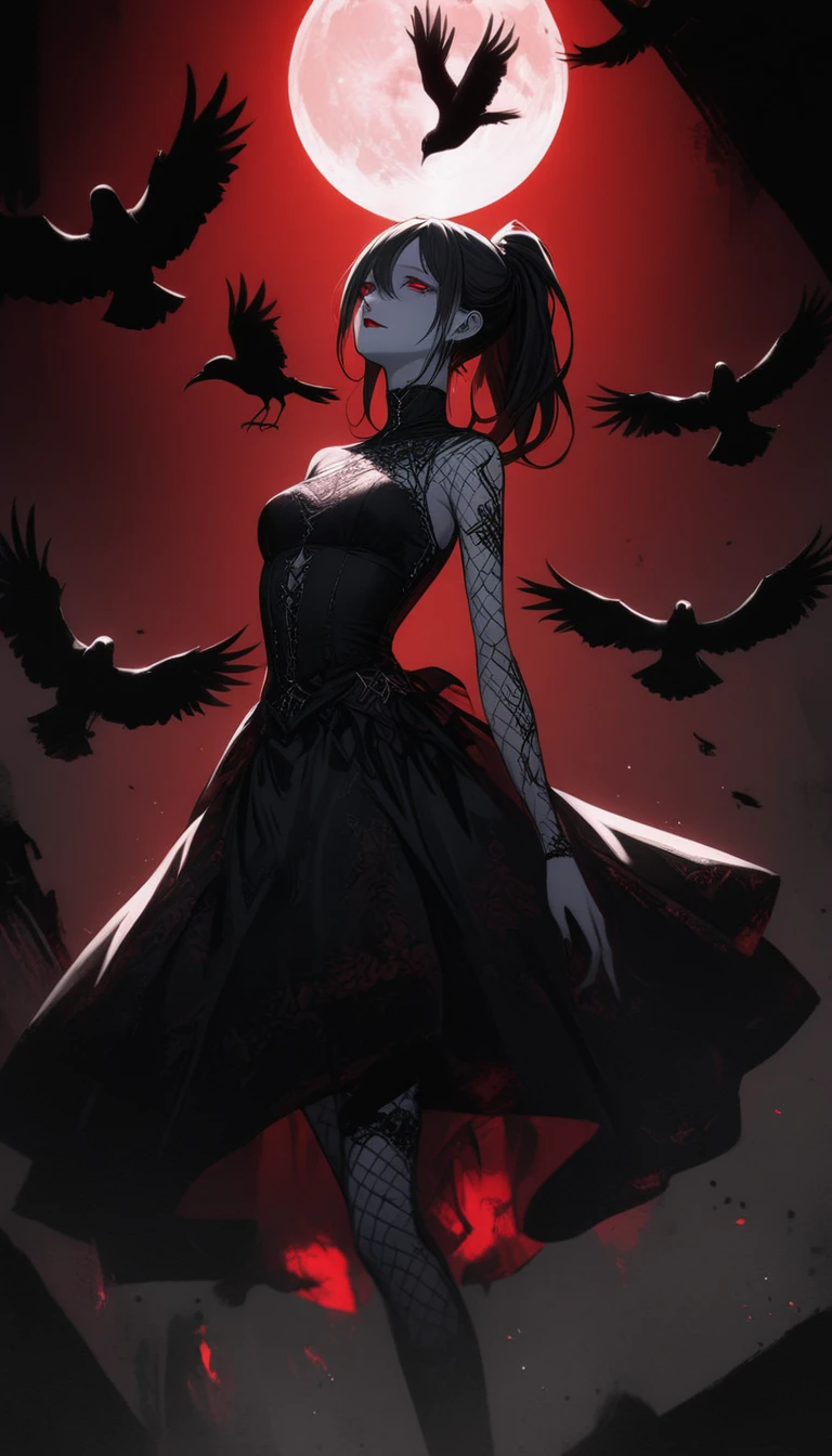 （Dark and scary atmosphere,Gothic Fashion,Dark colors）,（Highest quality，Super exquisite item）,Very sexy vampire girl,A large number of red spider lilies in full bloom on a red full moon night,Beautiful and delicate eyes,Beautiful monochrome straight ponytail,Crow's feathers,Red lipstick,A mysterious and seductive smile,Pale skin,Fishnet tights,Monochrome lace dress,Captivating pose,The moonlight illuminates her silhouette,shadows and highlights,Create a calm and lively atmosphere,Lighting effects to make her look beautiful,A fantastic background created by darkness and moonlight,She looks tall and grown up,A crow is flying,Crow's feathersが舞う,Standing on the ceiling,Upside down,no gravity