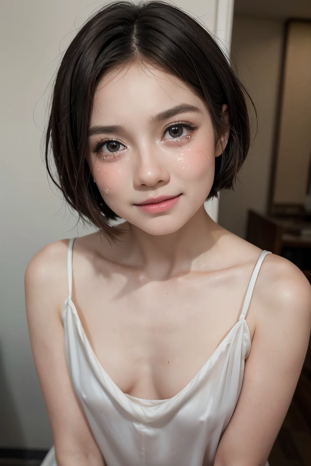 (CRYING FACE EXPRESSION:1.3), Chubby adorable, (V-neck ice silk nightdress), 1 girl, (face to face), , baby face, happy, half body portrait, (face details: 1), (eye details: 1), ((flat breasts)). wearing transparent transparency soft soft, .. Cute posed. proportional body. Ultra High Res. realistic: 1.4, UHD, (leopard pattern), ((Very Short Haircut))