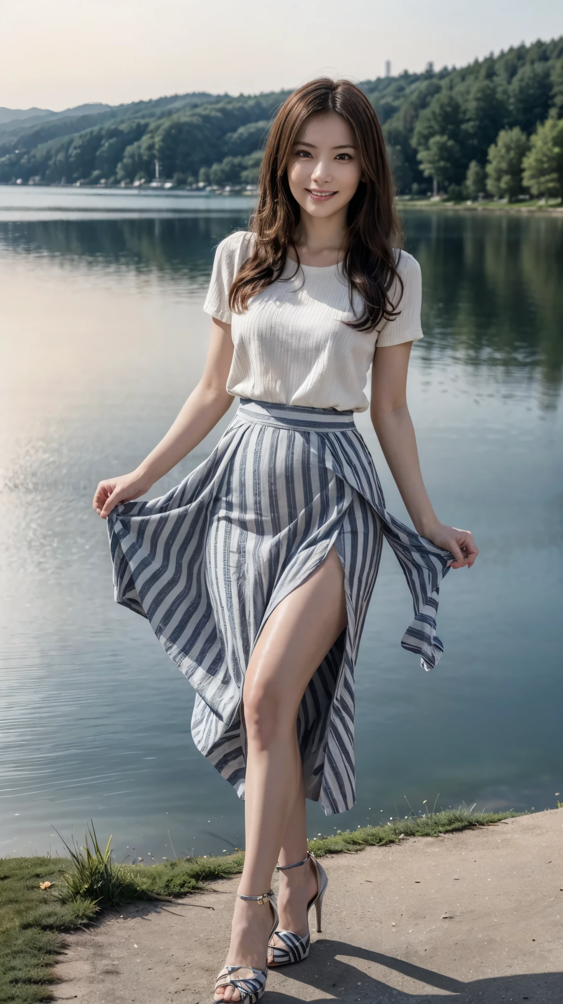 ((masterpiece)),(((Highest quality))),Low angle shot:1.5,Long legs,The best smile:1.5，Slim figure:1.5，whole body:1.5，(One Girl:1.3),(Viewer Display:1.4)，(Pointy high heels:1.3),(Standing with legs wide apart by the lake:1.2),(Wearing a striped long skirt dress:1.2),Long Curly Hair:1.5，