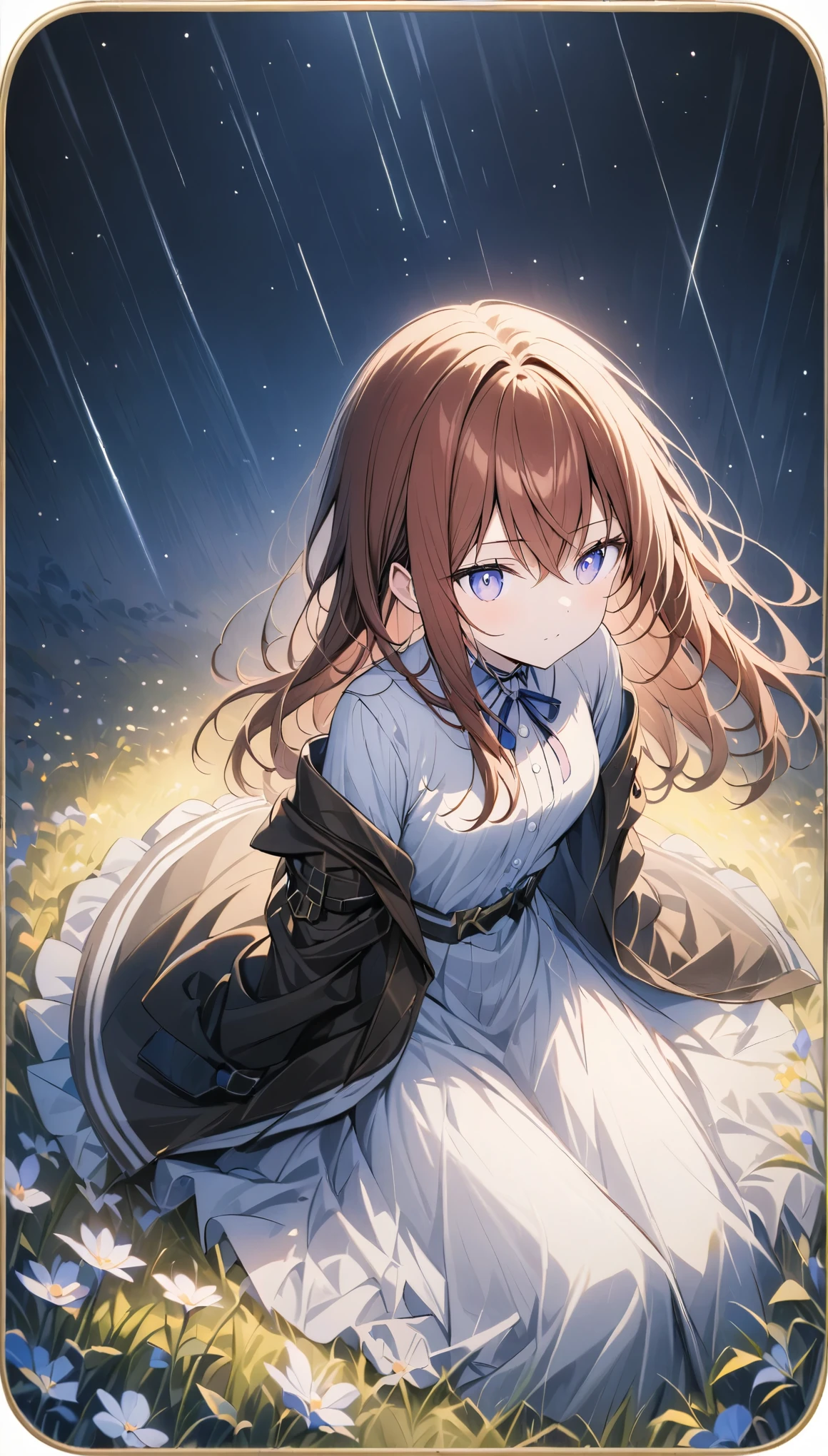 One girl, makise kurisu, Stein;Gate,((Detailed depiction of the face)),Rounded corners, 超High resolution, retina, Attention to detail, Highest quality, High resolution, 4K,Girl sitting on the meadow at night, Put your hands on the ground、Look up. The surroundings are shrouded in darkness, Above her is a sky full of bright stars. The stars emit brilliant light, Meteor showers create beautiful trails of light in the night sky. Countless shooting stars dance in the sky, Get the girl's attention. She is filled with quiet joy and awe., It's like touching the wonders of the universe.. The tranquil grassland gives her a sense of peace and magical energy., The glow of the night sky envelopes her soul.