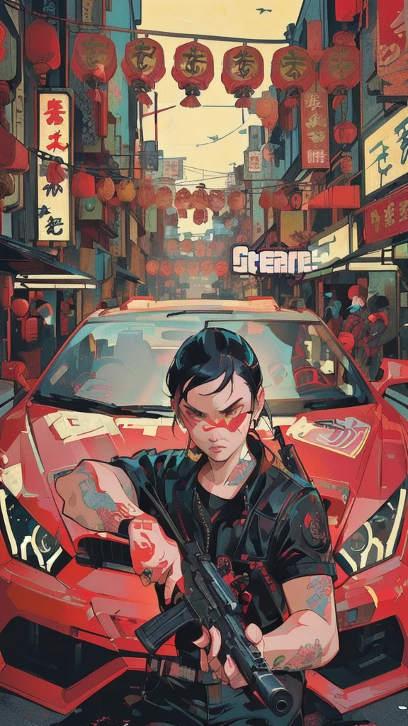arafed image of a girl holding a gun in front of a car, gta chinatowon art style, inspired by Liam Wong, gta chinatown art style, gta chinatown pop art style, akira style illustration, in the style of akira, cover illustration, akira art style, official artwork, 2 d game art gta cover, 2d game art gta cover