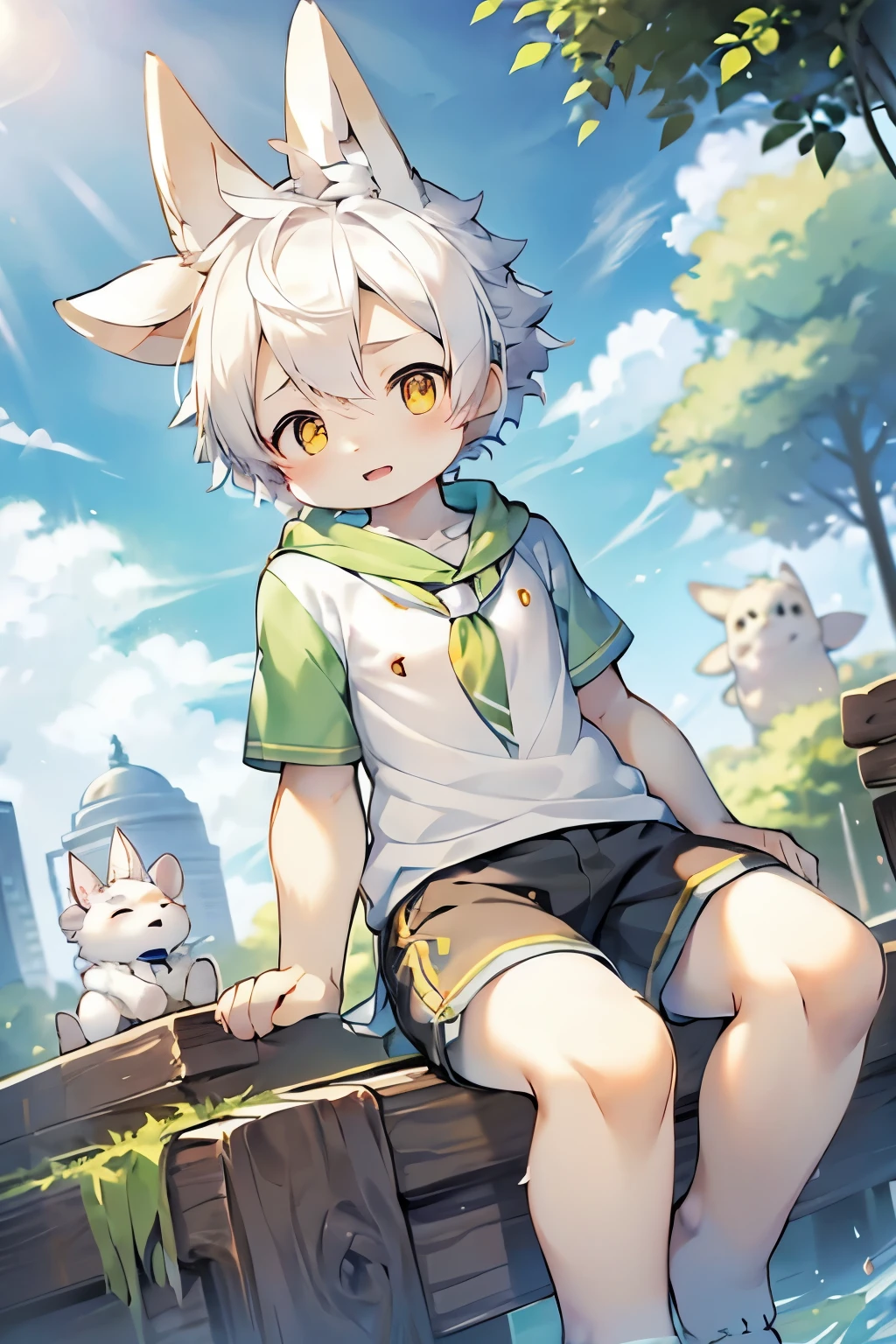 Dwarf rabbit boy,Furry boys,Baby characteristics,Yellow skin,White Arm,White hair,tie,Short sleeve,shorts,Outdoor bright background