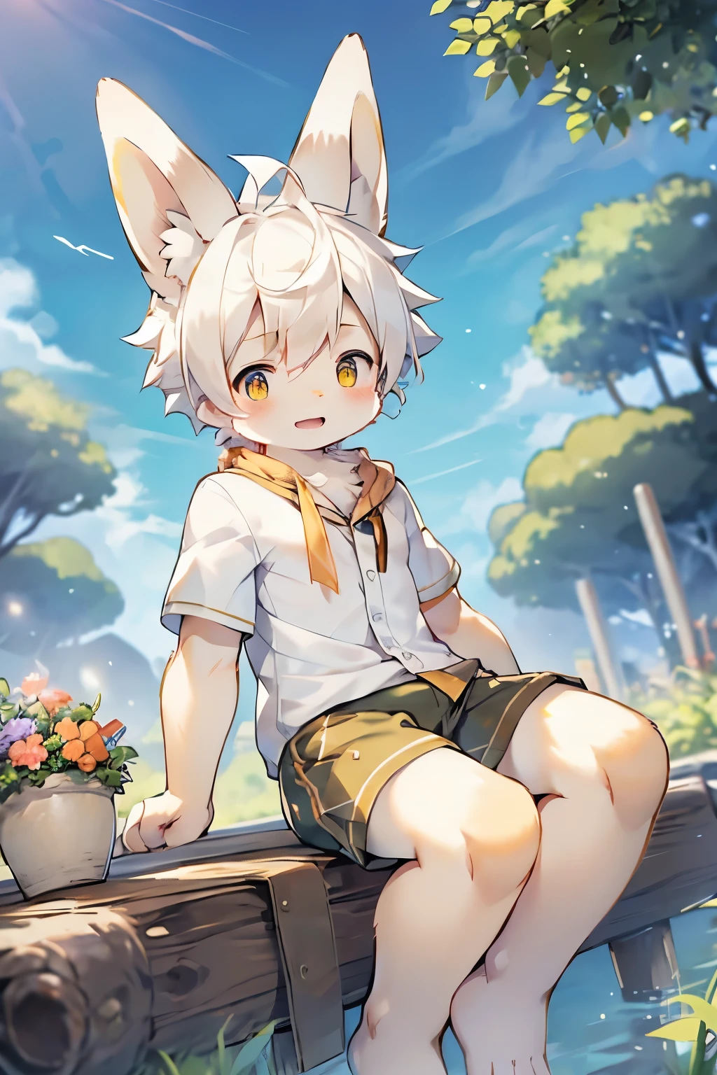 Dwarf rabbit boy，Furry boys， characteristics，Yellow skin，White Arm，White hair，tie，Short sleeve，shorts，Outdoor bright background