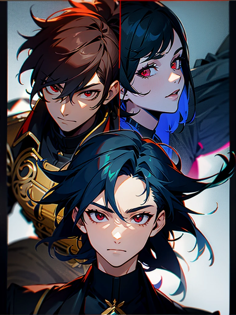 Reference sheet of a guy with messy dark blue hair, red eyes with black whites and light brown skin, in fantasy military outfit