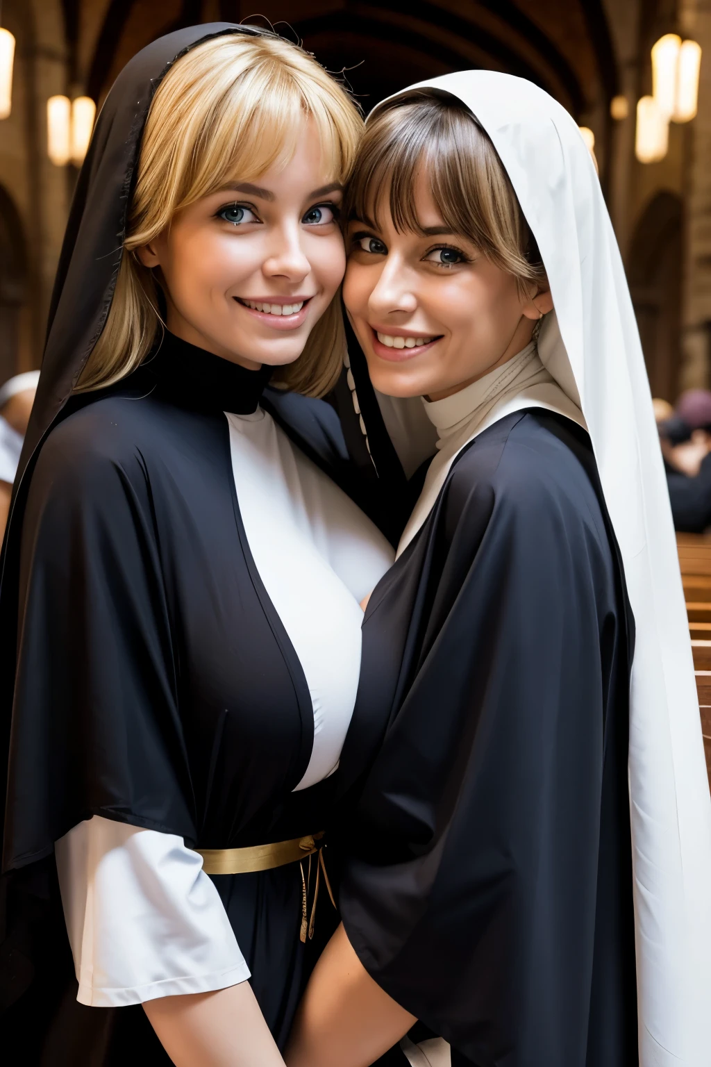 Two Italian women、Mature mother and beautiful daughter、Blonde Hair、With bangs、Blue Eyes、Smiling with teeth showing、Huge breasts、Sexy body、Black monastic vestments、Nuns、They are hugging each other、In the church