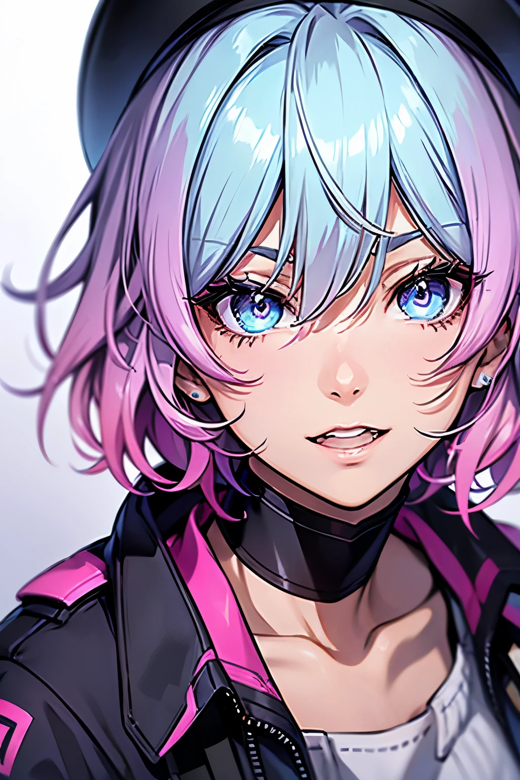 Realistic、1girl、fluorescence pink hair、blue eyes、(eye focus:1.3,face focus:1.3,upper body:1.5),(gradient eyes:1.3),(blouse)、smiley face,laugh with your mouth wide open,(happy:1.3),short hair、cute face,portrait,