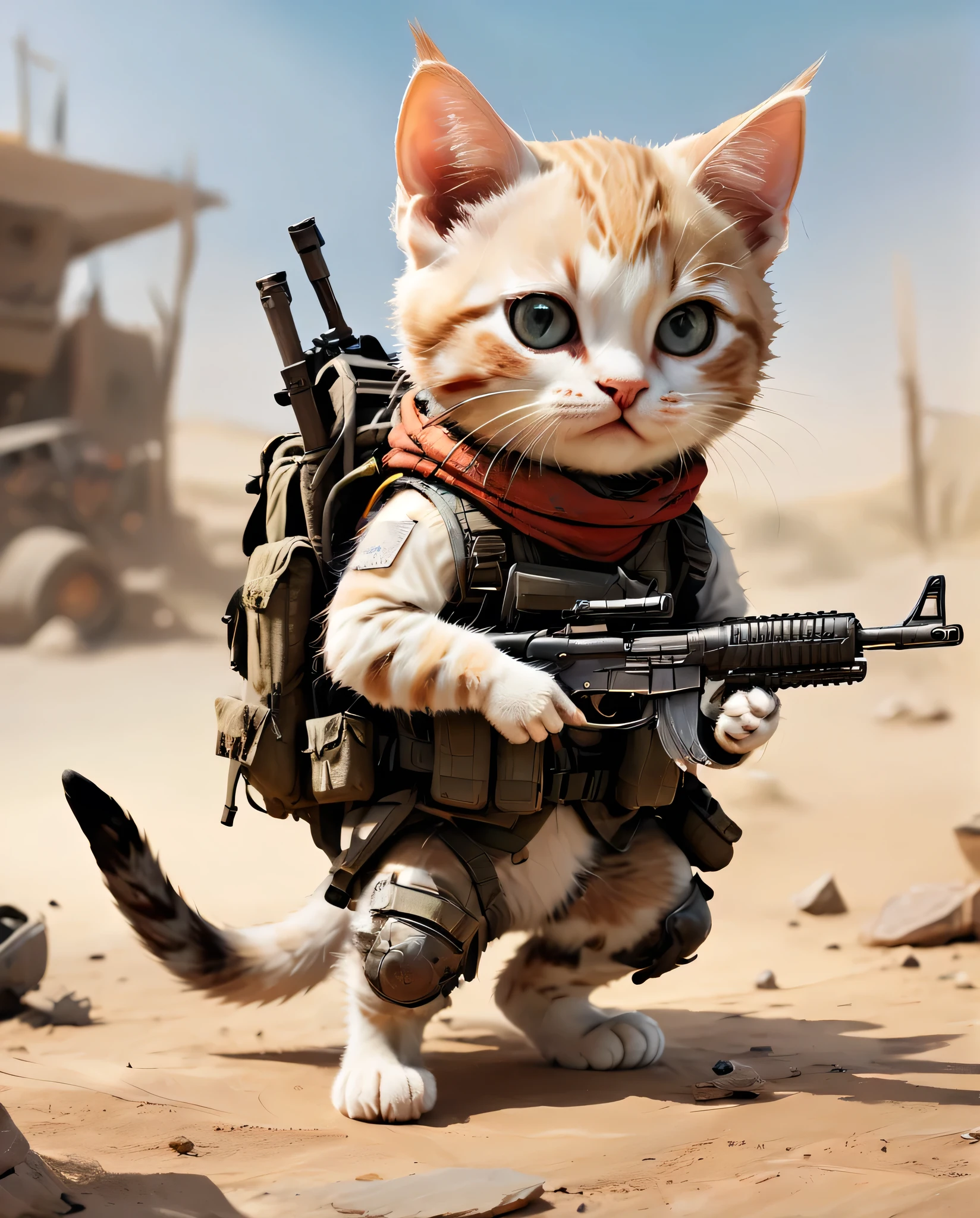 high quality　Combat training kitten(Personification)　He has a rifle. Two legs, one tail  facial expression painful  body is covered with wounds