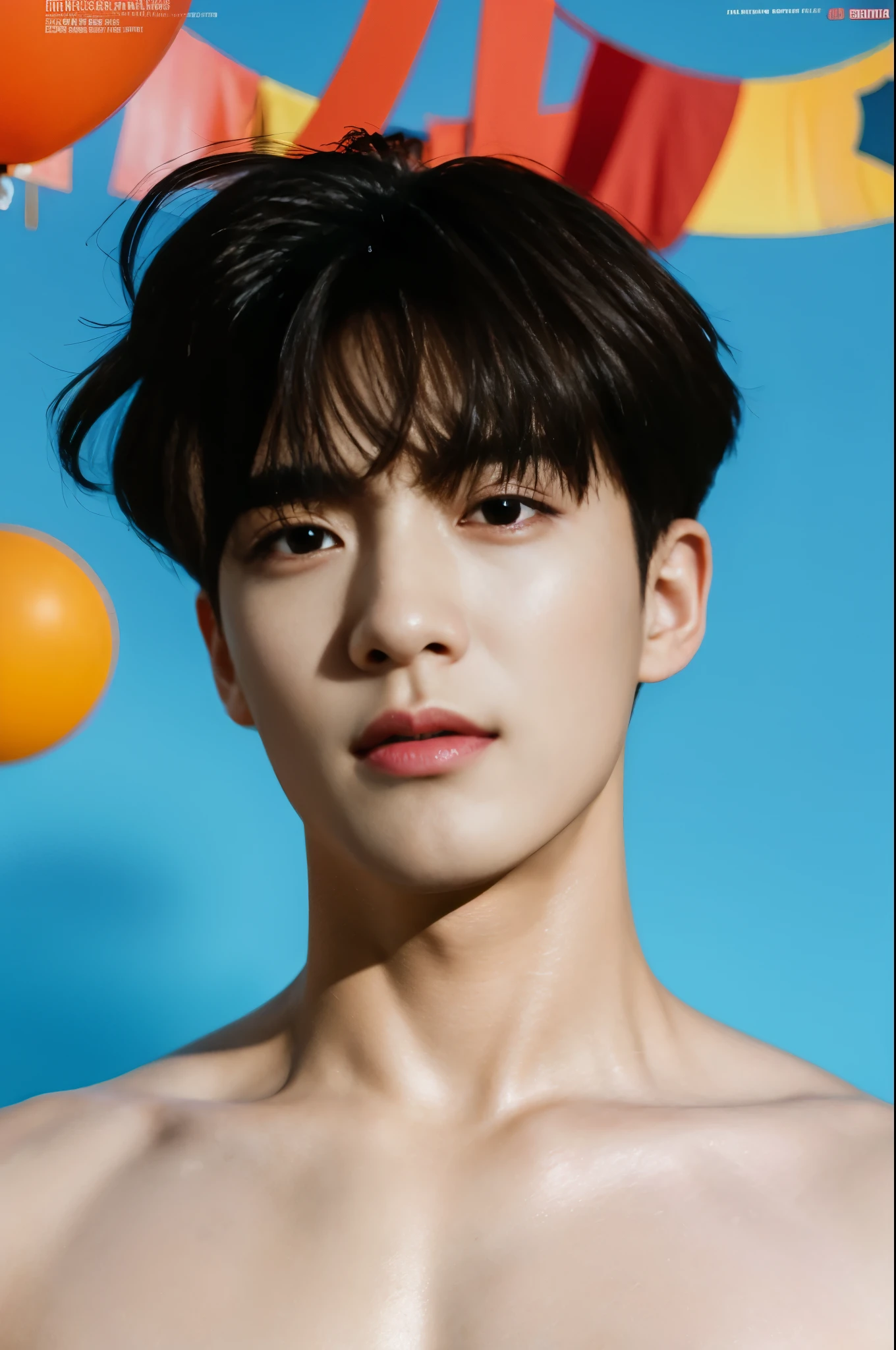 Bright color background and backdrop,magazine photo,eyes looking center,for ads,Handsome korean male,abs shirtless,half body protrait,Center-parted hairstyle,angle tilted to the side,focus on face.straight head.