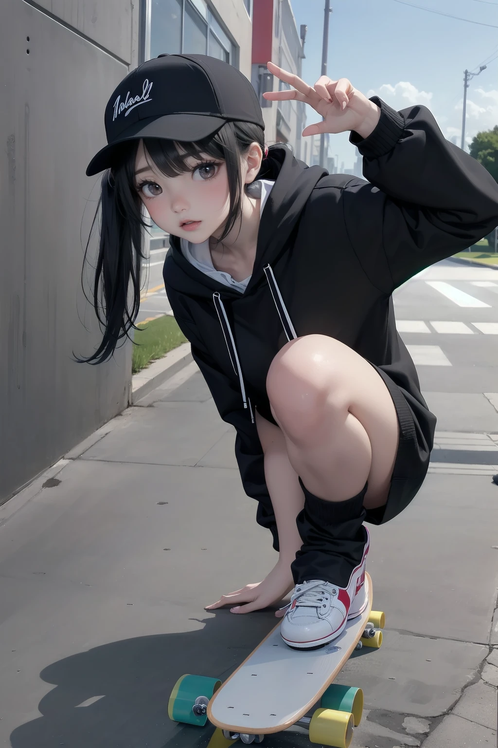 One Woman((Skateboarder,Black hoodie)) background,(Golf Driving Range,concrete) Wear a cap or hat,Skateboarding Woman,(Black Hair,Side Ponytail,Red eyes,Super Shine) Anime Style,Overall view Wind blowing Low angle