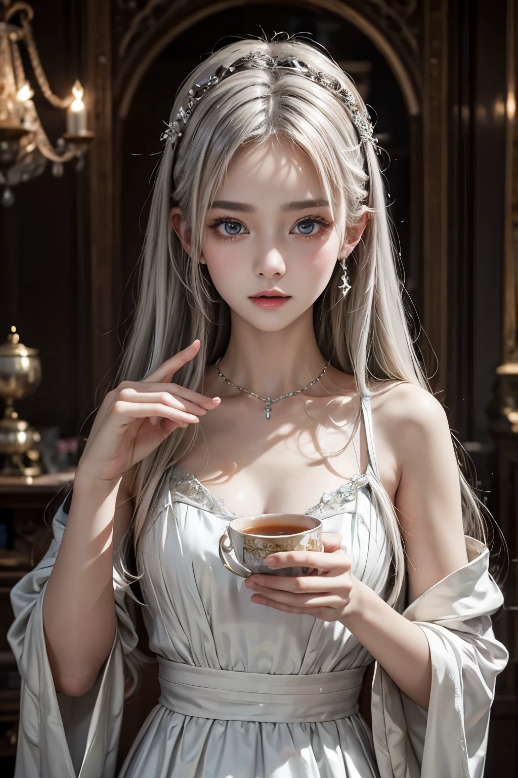masterpiece,Highest quality,Very detailed,Beautiful girl drinking tea in an antique room,White Hair,Gorgeous dress,Jewelry Teenager,Perfect Face,Beautiful and detailed eyes,Beautiful Skin,skinny,Small breasts,Dynamic